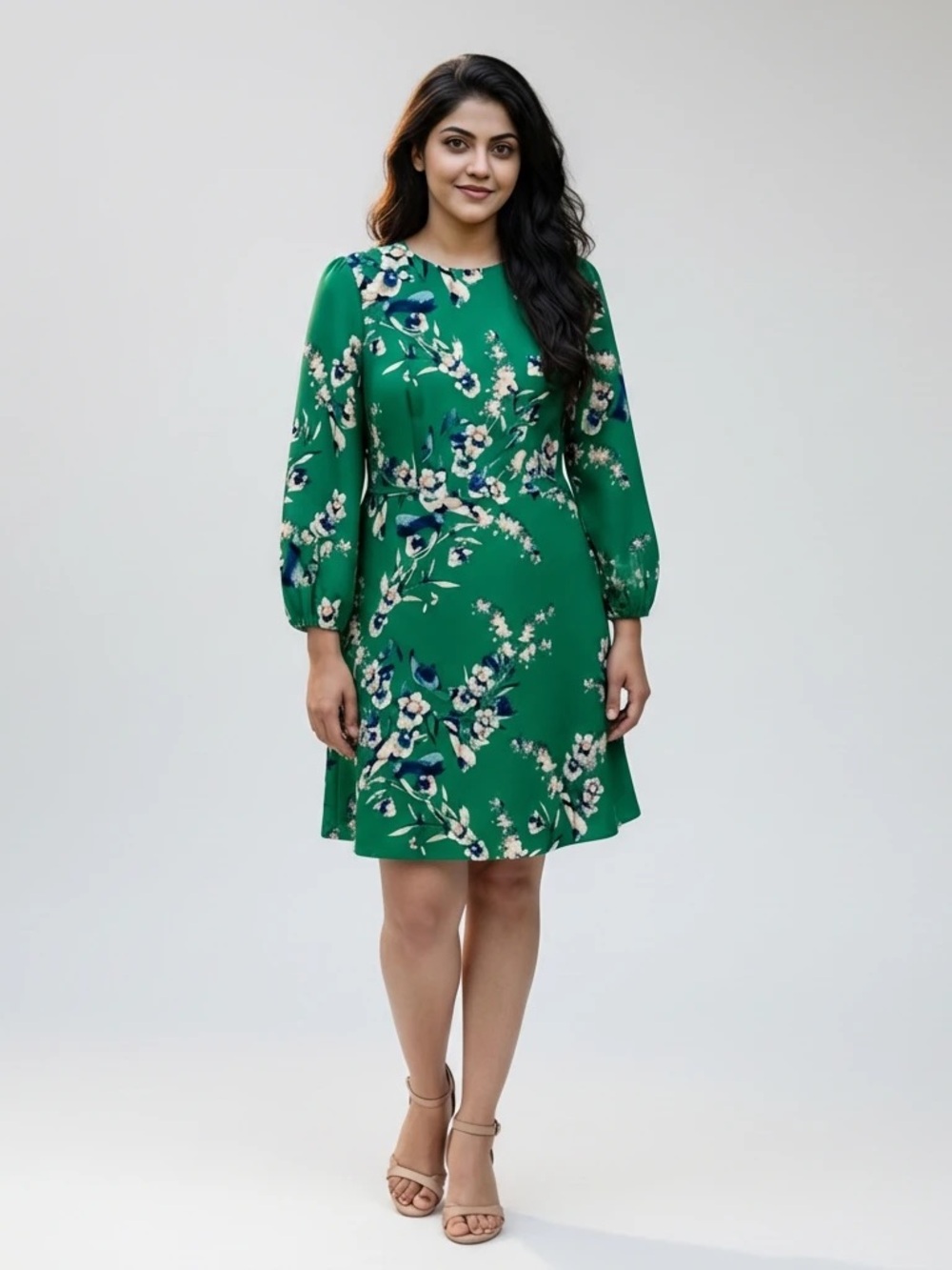 Eliza J Kelly Green Floral Balloon Sleeve Knee Length Dress Women’s Size 10